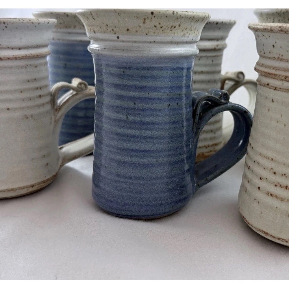 6 SIGNED Davis Studio Pottery Mugs w/Unique Ribbon Handle 12-16oz Blue & Taupe
